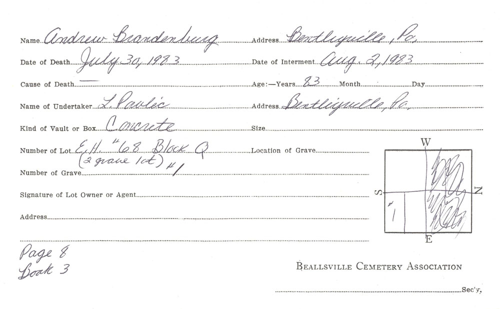 Andrew Brandenburg burial card